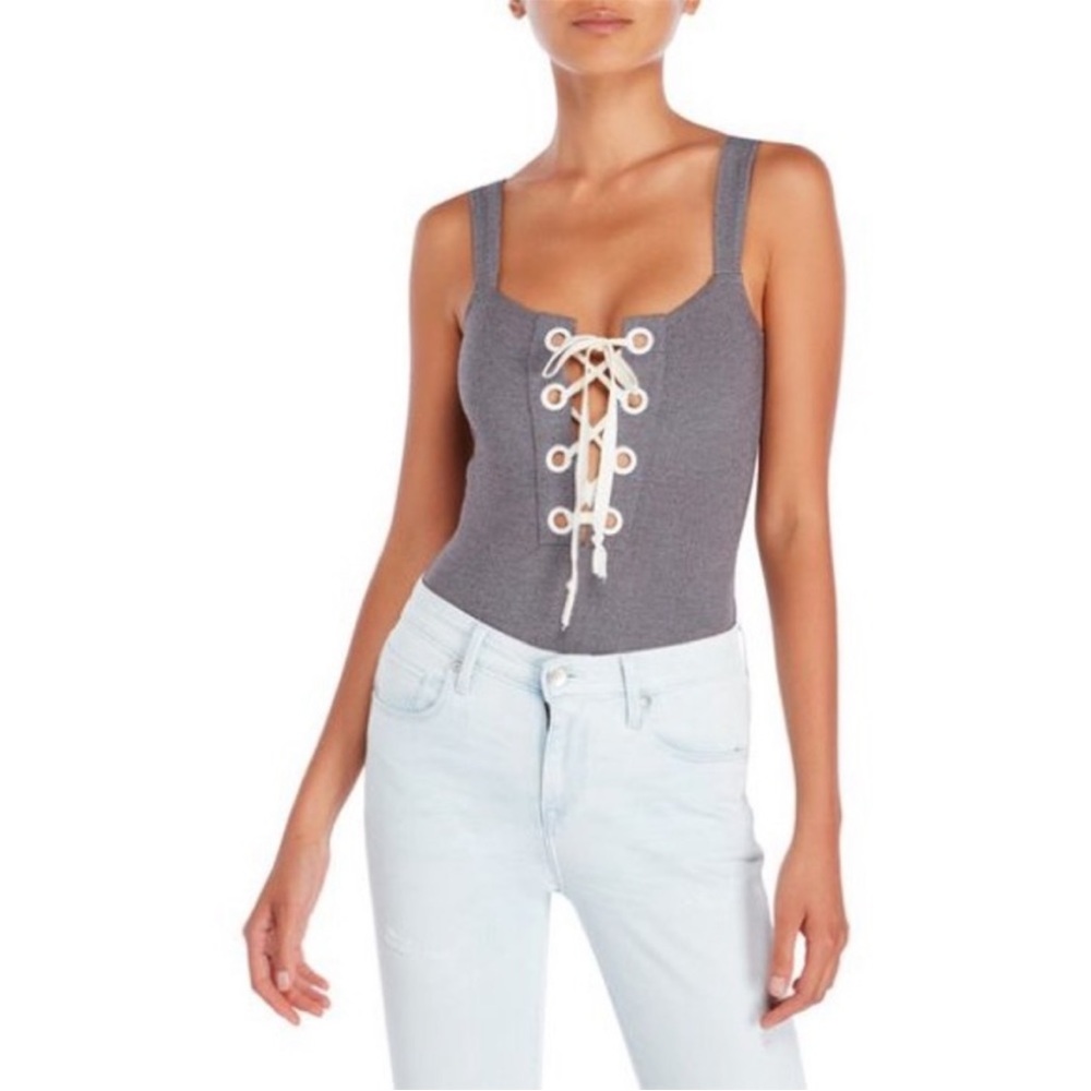 Nasty Gal Bodysuit Grommet Me Not Lace Up Stretch Grey Tank Six Crisp Days Small